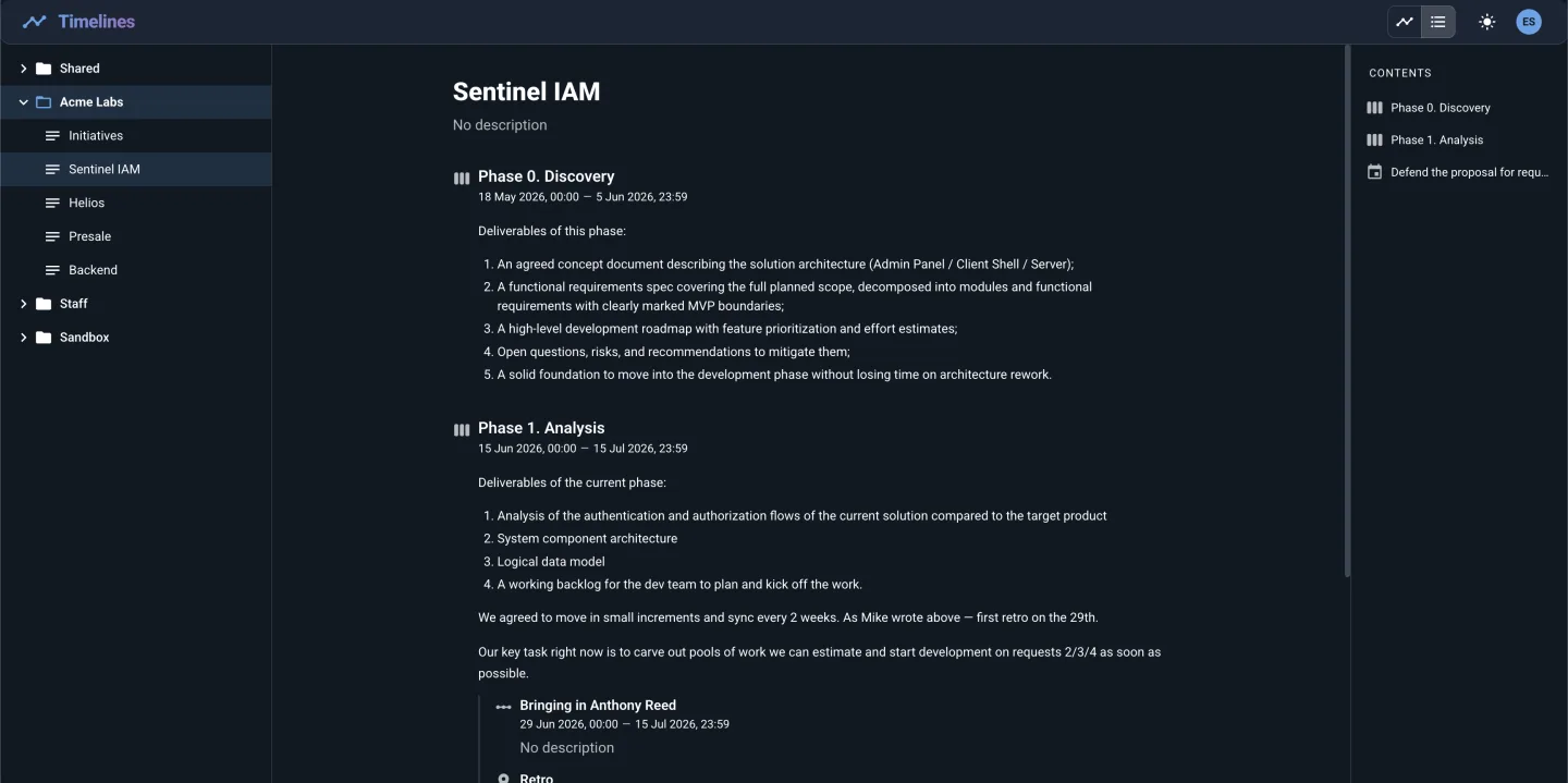 Outline view — a swimlane tree on the left, Markdown content in the middle, and a table of contents on the right